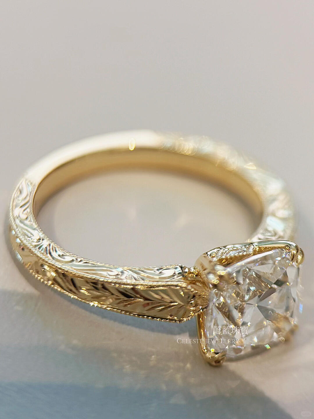 Old-Cut Diamond Carved-Gold Ring
