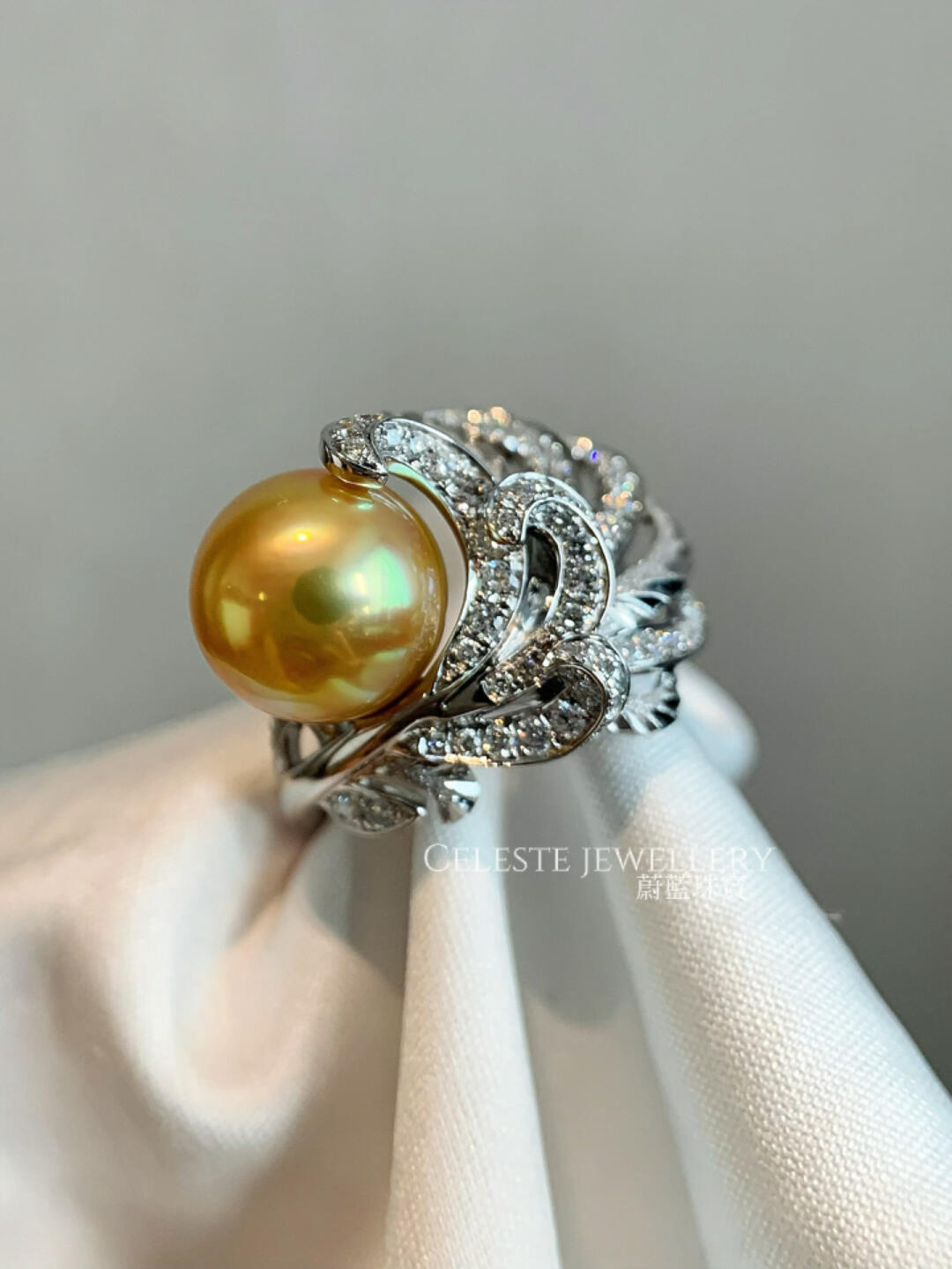 Gilded Crown Feather Gold Pearl Ring